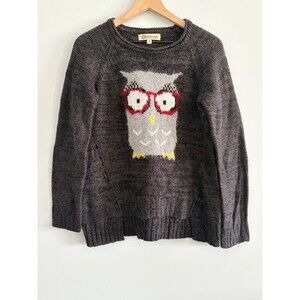 Democracy Sweater Owl Women's Size Medium Gray Rolled Neck Hi Low Hem
